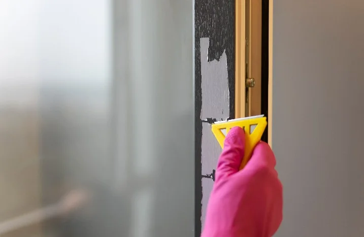 Eine Person entfernt mit einem gelben Schaber Kleber von einem Rahmen.